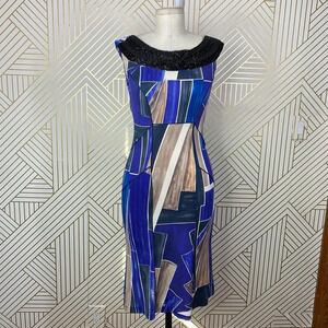 Diane von Furstenberg Pansy‎ Beaded Dress in Blue Black Geometric Size US 2
